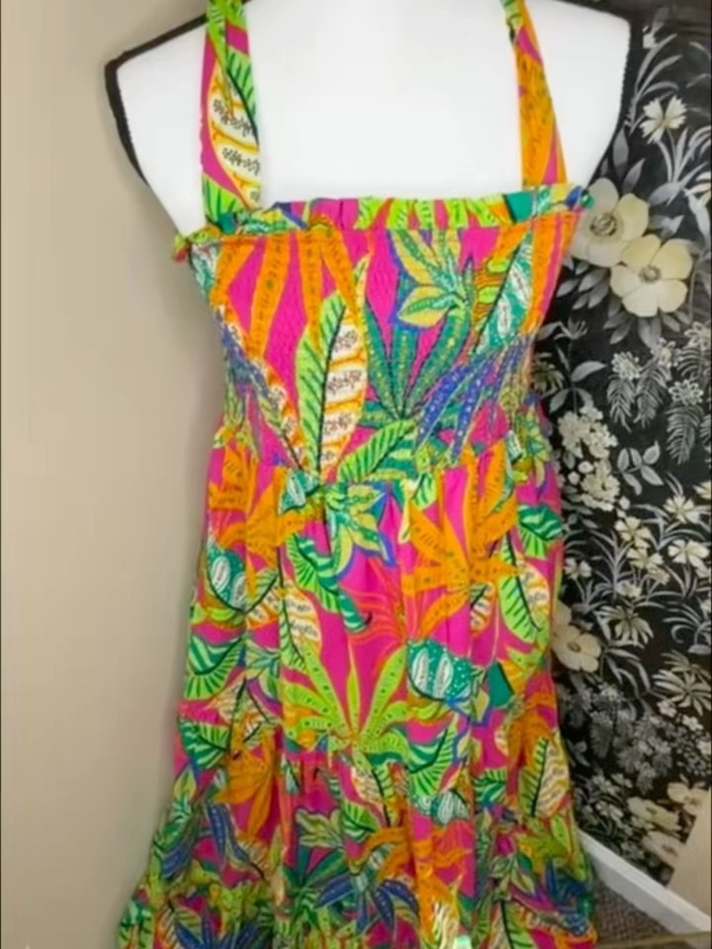 Flying Tomato Tropical Halter Maxi Dress in Hot Pink, Neon Green & Orange